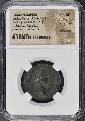 ルシウス・ウェルス、AD 161-169 ローマ帝国 AE デュポンディウス NGC XF45