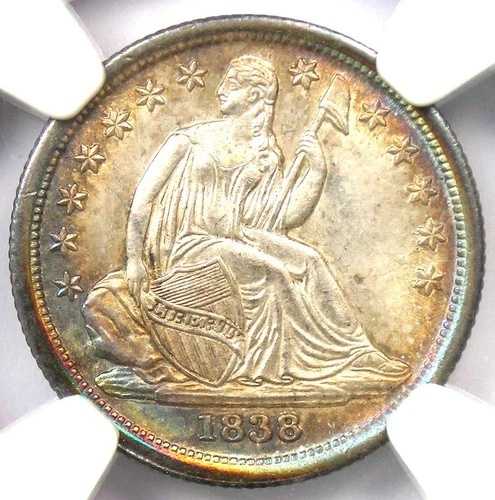 1838年 シーテッド・リバティ・ダイム 10セント ラージ・スターズ・コイン - NGC 未流通詳細 (UNC MS)