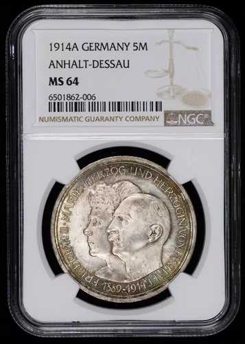 1914A ドイツ諸州 アンハルト＝デッサウ 銀貨 5 マーク NGC MS-64