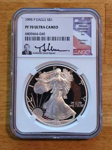 1995年 P $1 シルバーイーグル NGC PF 70 ウルトラカメオ トーマス・J・ウラム 直筆サイン入り 旗ラベル