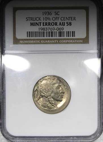 1936年 バッファローニッケル NGC AU58 中央から10%ずれたエラーコイン