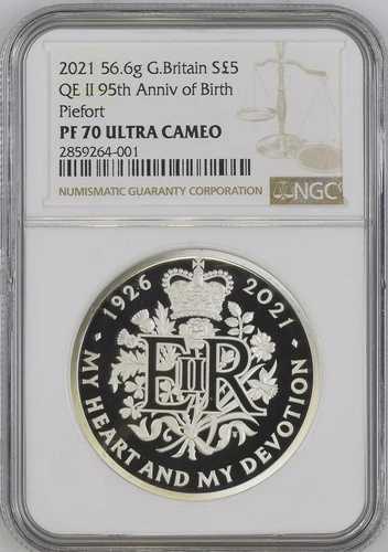 2021 シルバー (56.6g) 5PND GB Piefort QEII 95 歳の誕生日 NGC PF70UC ** CoA # 0064 **-