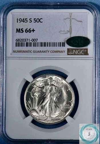 1945-S ウォーキング リバティ ハーフ ドル NGC MS66+ CAC 付き - ヴィンテージの白い美しさ!