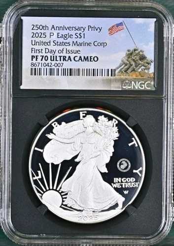 2025-P シルバーイーグル 米海兵隊 第250弔慰金 NGC PF70 初日発行 先行販売