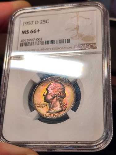 1957年 D 25C ワシントンクォーター NGC MS66+ プラスグレード レインボートーン 素晴らしい色調
