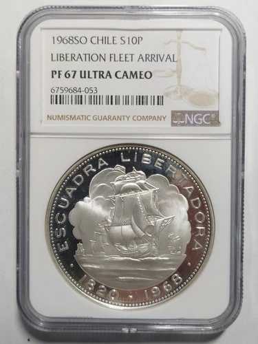 チリ 10ペソ 解放艦隊到着、1968年 SO、NGC PF 67 ウルトラカメオ