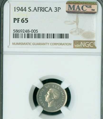 1944年 南アフリカ 3ペンス NGC PF65 MAC スポットレス 150枚 鋳造 希少 *