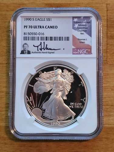 1990年 S $1 プルーフ シルバー イーグル NGC PF70 UC ウラム サイン入り 旗ラベル