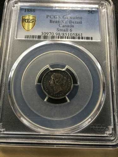 1886年製 Small 6 / BENT; PCGS Canadian, ?5 Cent, **EF Details** #5861