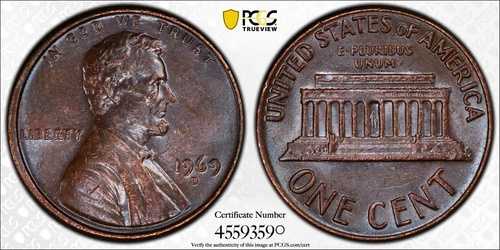 1969-D アメリカ合衆国 リンカーン ペニー デンバー造幣局 PCGS AU55 証明書番号 45593590