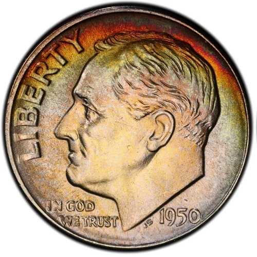 MS66 1950-D 10セントルーズベルト銀貨、PCGS Trueview、美しいレインボートーン