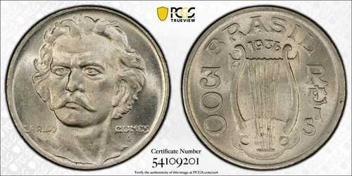 ブラジル 300 レイス 1936 カルロス・ゴメス PCGS MS 65