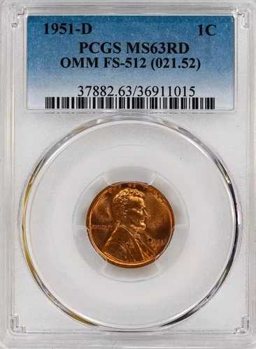 1951年 D スモールセント リンカーン、ウィートイヤーズ リバース PCGS MS-63 RD OMM FS-512