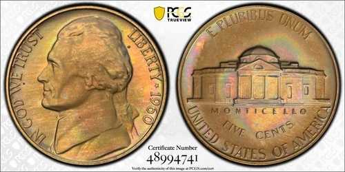PR65 1960 5C ジェファーソン プルーフ ニッケル PCGS トゥルービュー - 美しいレインボートーン