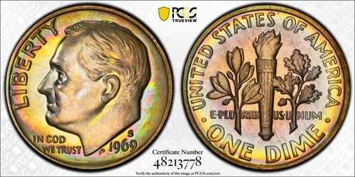 PR66 1969-S 10セント ルーズベルト プルーフダイム、PCGS トゥルービュー - レインボーアルバムトーン