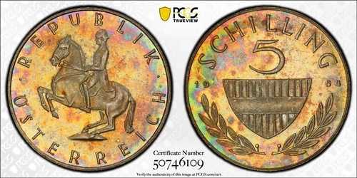 PR66 1964年 オーストリア 5シリング シルバー プルーフ、PCGS トゥルービュー レインボートーン