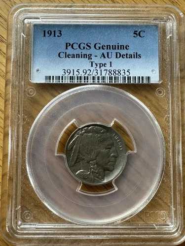 1913年 Pタイプ1 バッファローニッケル PCGS 純正 AU 詳細/クリーニング済み