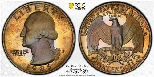PR67 1985-S 25セント ワシントン プルーフ クォーター、PCGS トゥルービュー - レインボートーン