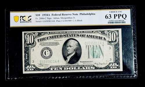 FR. 2006-C $10 1934-A 連邦準備銀行券 フィラデルフィア PCGS Choice UNC 63PPQ