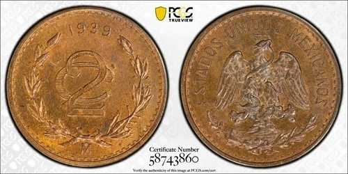 メキシコ 2センタボ 1939-Mo PCGS MS 65 RB