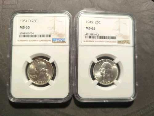 1945年 P ワシントン シルバー クォーター NGC MS65 & 1951年 D MS65 グレーディング済みコイン 2枚セット