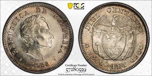 コロンビア 10 センタボス 1938 Restrepo-377.10 PCGS MS 64