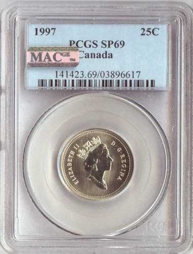 1997 カナダ 25 セント PCGS SP69 MAC スポットレス。