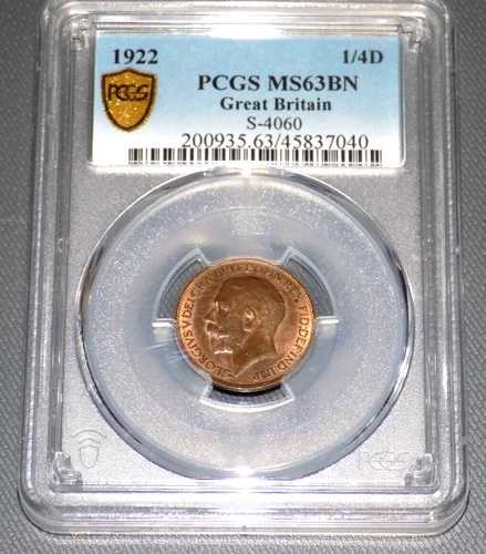 PCGS イギリス 1922年 ファージング 1/4D MS63BN MS 63 BN イングランド認定英国コイン