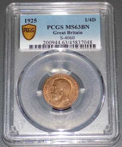 PCGS イギリス 1925年 ファージング 1/4D MS63BN MS 63 BN イングランド認定英国コイン