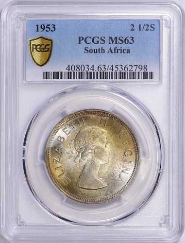 南アフリカ 1953年 銀貨 2 1/2シリング KM-51 PCGS MS-63（トーンあり）