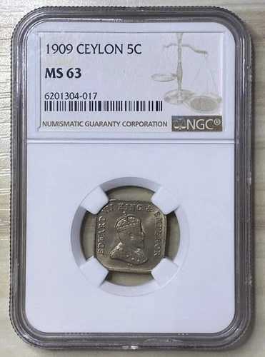 セイロン 1909年 5セント スクエアシェイプ 2年間発行 エドワード7世 ニース BUコイン NGC MS 63
