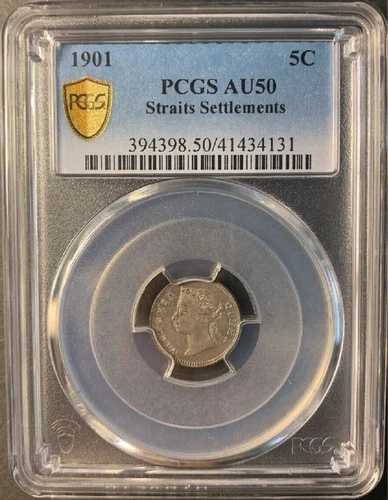 #61: 1901年 海峡植民地 QV 5セント AU50 PCGS #41434131 0.800 F 銀貨