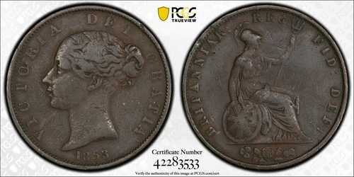 1853年 1/2D グレートブリテン ハーフペニー ビクトリア S-3949 PCGS VF25 KM# 692 35,035円