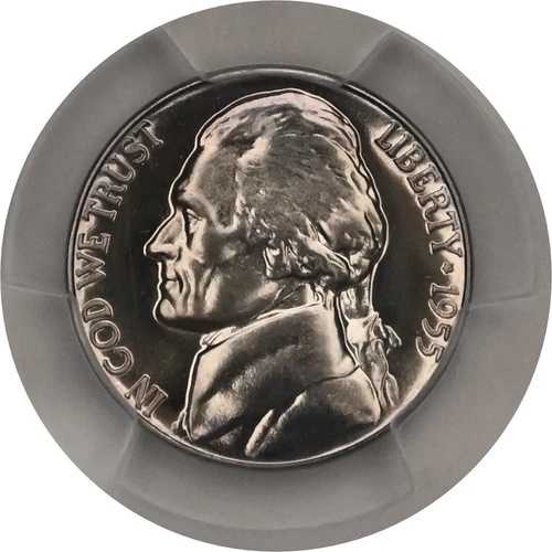 PR67 1955年ジェファーソンニッケル PCGS グレーデッドプルーフカメオの1つ。実物と全く同じコインのように見える。