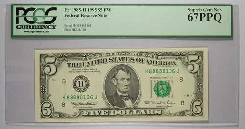 1995年 5ドル セントルイス PCGS 67PPQ ラッキー8ファンシー シリアルナンバー 88888136 35,035円