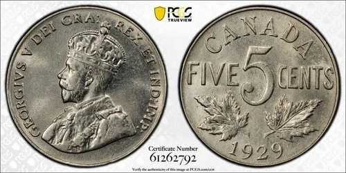 1929 カナダ 5 セント PCGS MS62 ロット#G1200 素晴らしい UNC!
