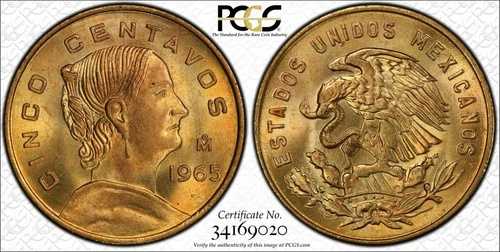 メキシコ エスタドス ウニドス 1965 5 センタボス コイン PCGS 認定宝石 未流通 MS66