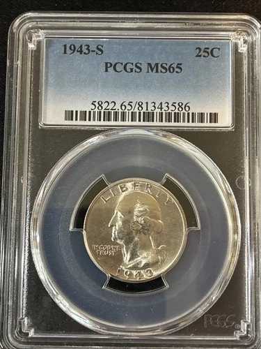 1943-S ワシントン クォーター、PCGS による MS65 の評価、日付良好