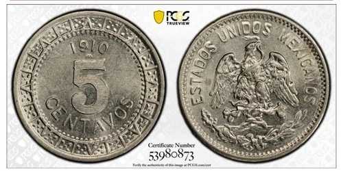メキシコ 5センタボ 1910-M PCGS AU58、メキシコシティ造幣局、KM421