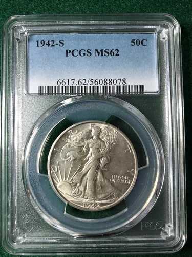 1942-S ウォーキング・リバティ・ハーフダラー 50セント PSGS MS62