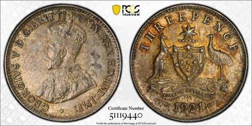 1921年 3ペンス硬貨 - PCGS AU58 - ほぼ未使用 トーン仕上げ ジョージ5世 銀貨