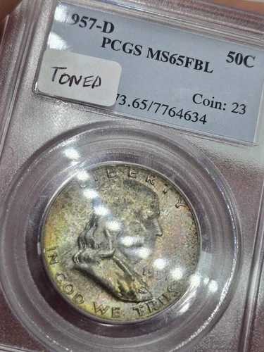 1957-D 50セント フランクリン ハーフダラー レインボートーニング PCGS MS 65 FBL ☆ ストアをチェック ☆