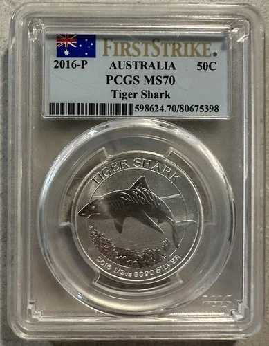 2016-P 50C オーストラリア タイガーシャーク PCGS MS70 ファーストストライク 1/2オンス 9999 シルバー