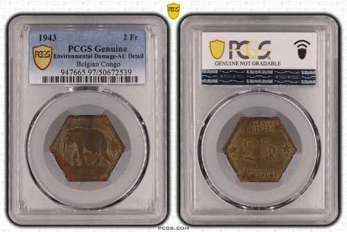 ベルギー領コンゴ 2フラン 六角形 AUコイン 1943年 KM#25 エレファント PCGSグレーディング 36,465円