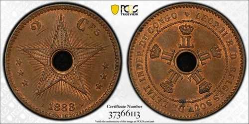 1888年 コンゴ自由国 2サンチーム銅貨 - MS64BN PCGS