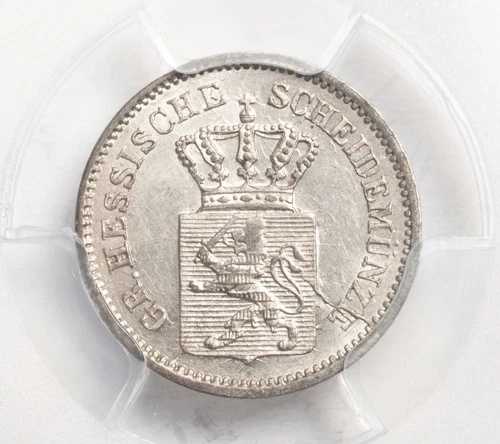 1860年、ヘッセン＝ダルムシュタット。美しい銀貨1クロイツァー。1/1！PCGS MS-63！