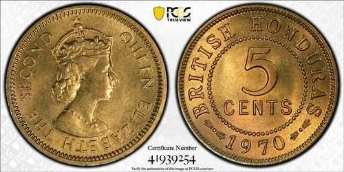 英領ホンジュラス 5セント UNCコイン 1970年 KM#31 PCGS グレーディング MS65