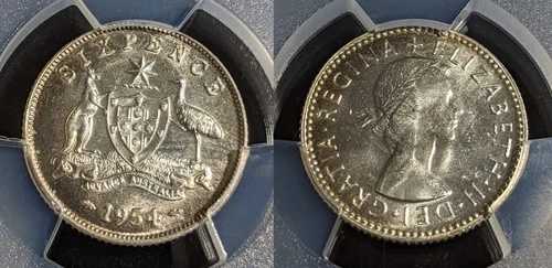 1954年 オーストラリア シックスペンス 6d PCGS MS64 GEM UNC #2994