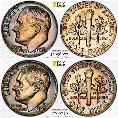 1976年 P&D PCGS MS66およびMS65 トーン ルーズベルト ダイム 10セント（2枚）TrueView