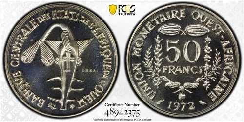 1972年 西アフリカ諸国 50フラン CuNi 銅ニッケル エッサイ Km# E6 PCGS SP 69